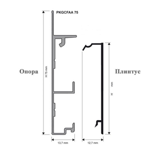 PKGCFAA 75 Основа для плинтуса PROSKIRTING CHANNEL H= 75 мм, алюм анод, цвет серебро, длина 2000 мм